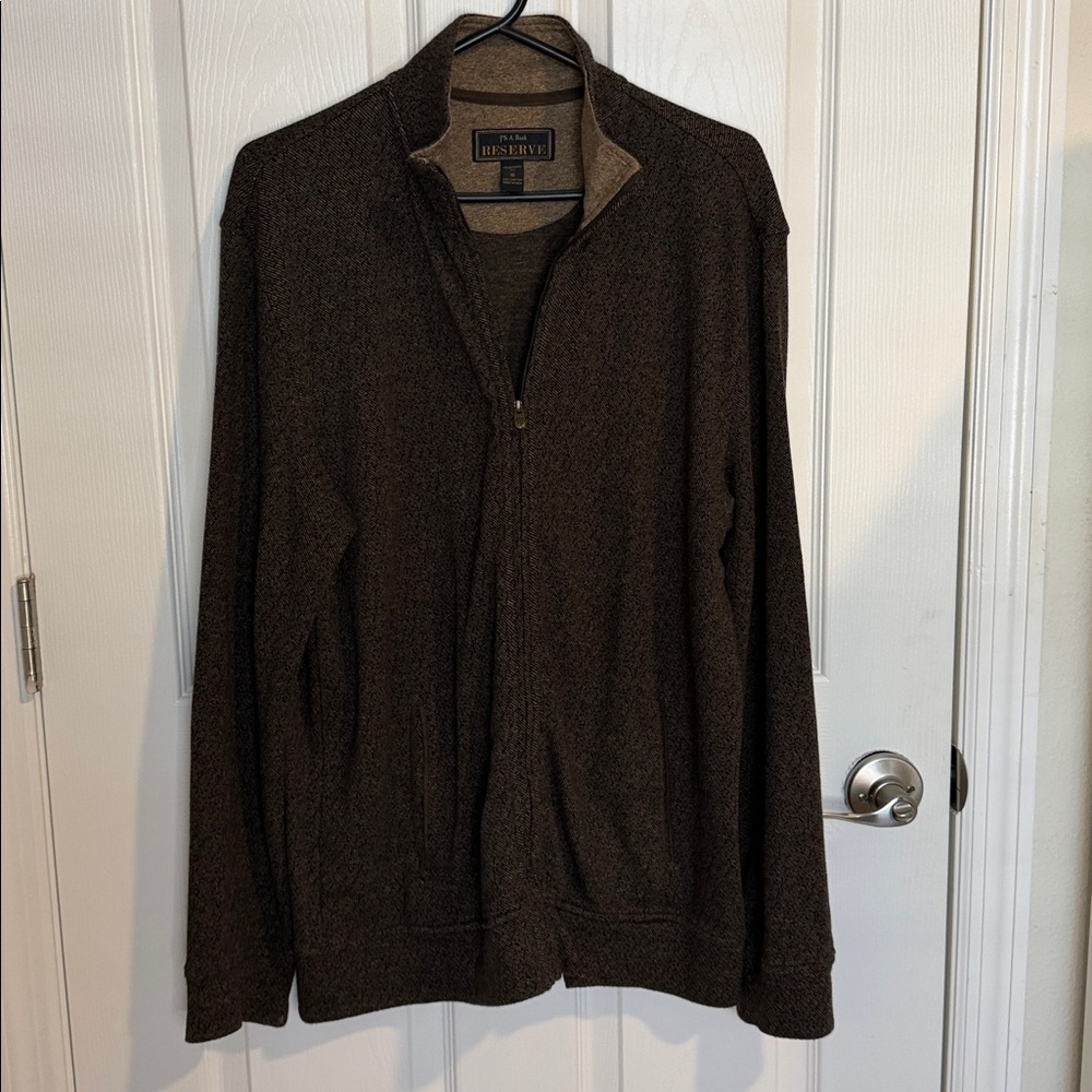 Jos.A.Bank RESERVE collection Brown Zip-Up Sweater 100% cotton accented elbows